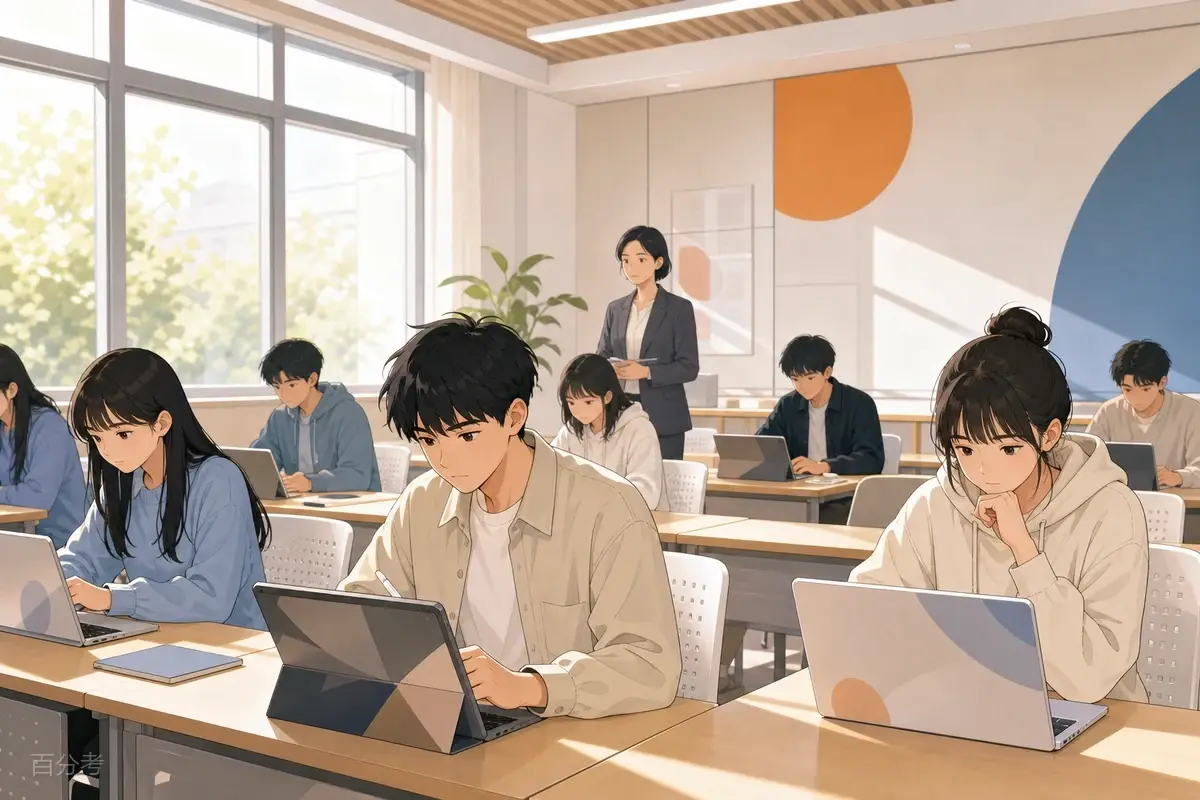 学生在明亮教室使用电脑参加校园在线考试