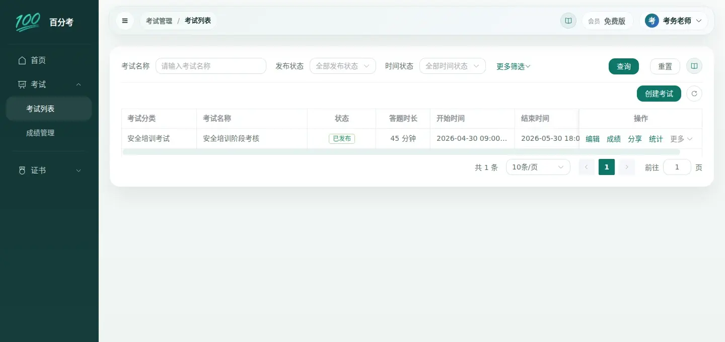 百分考考务老师账号展示安全培训阶段考核的考试列表及成绩、统计入口