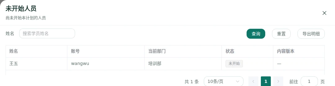 学习统计未开始人员明细展示姓名、账号、部门和导出入口