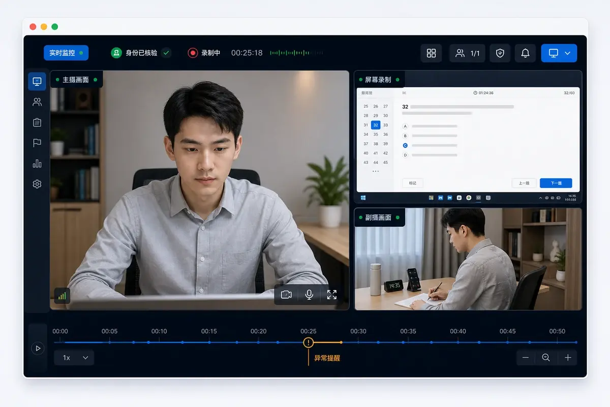 管理员查看主摄、屏幕录制和副摄画面的实时监控页面
